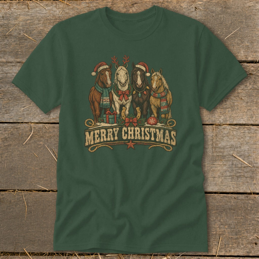 Four horses wear Santa hats and scarves with "Merry Christmas" text and holiday decorations.