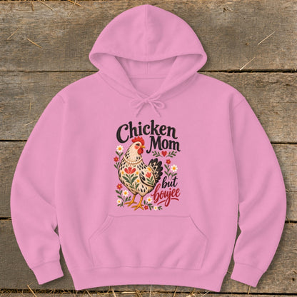 Pink hoodie with "Chicken Mom but boujee" text and chicken graphic.