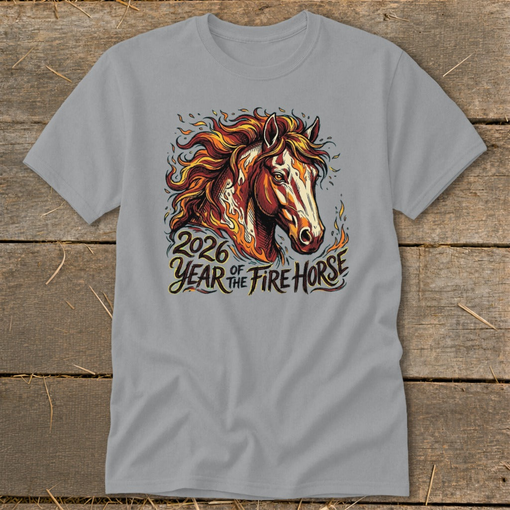 Grey t-shirt with a fiery horse illustration and text "2026 Year of the Fire Horse."