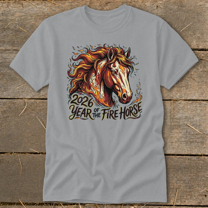 Grey t-shirt with a fiery horse illustration and text "2026 Year of the Fire Horse."