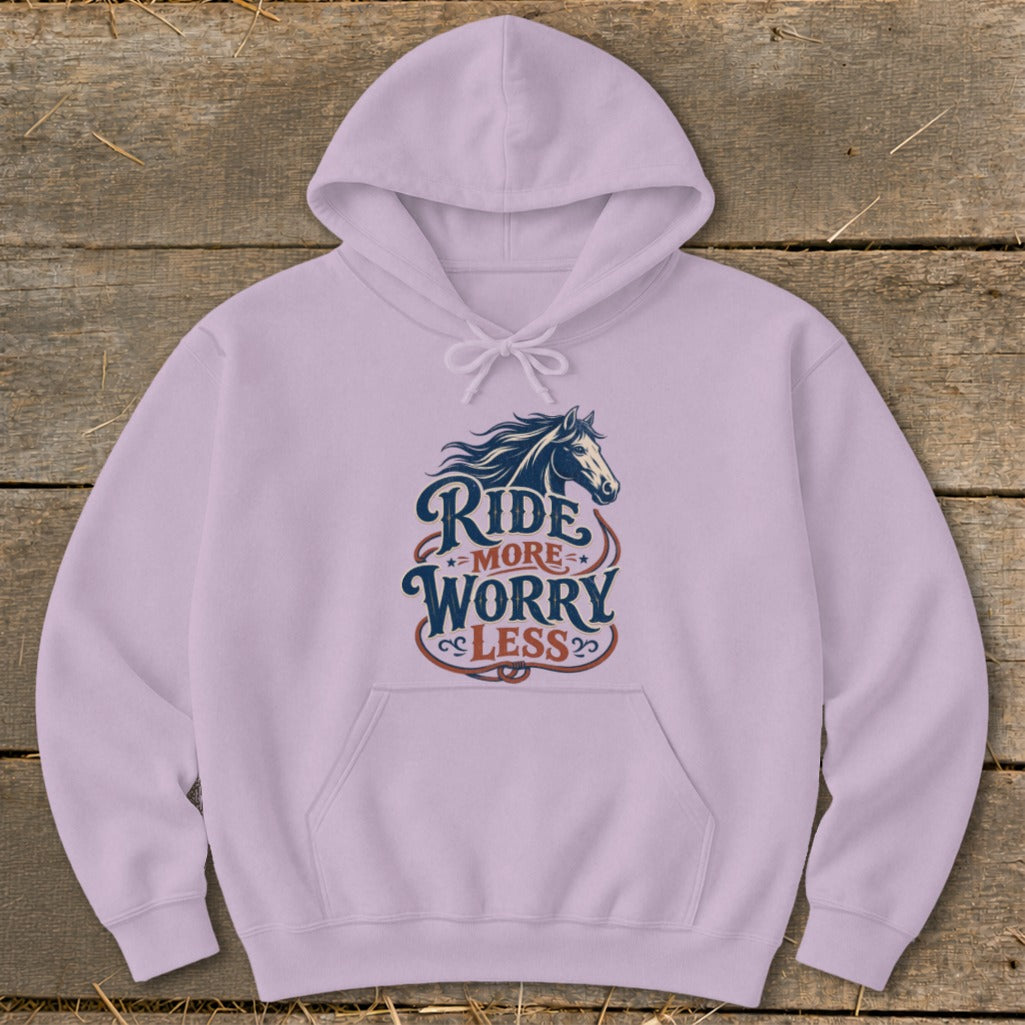 Light purple hoodie with a horse graphic and the text "Ride More Worry Less."