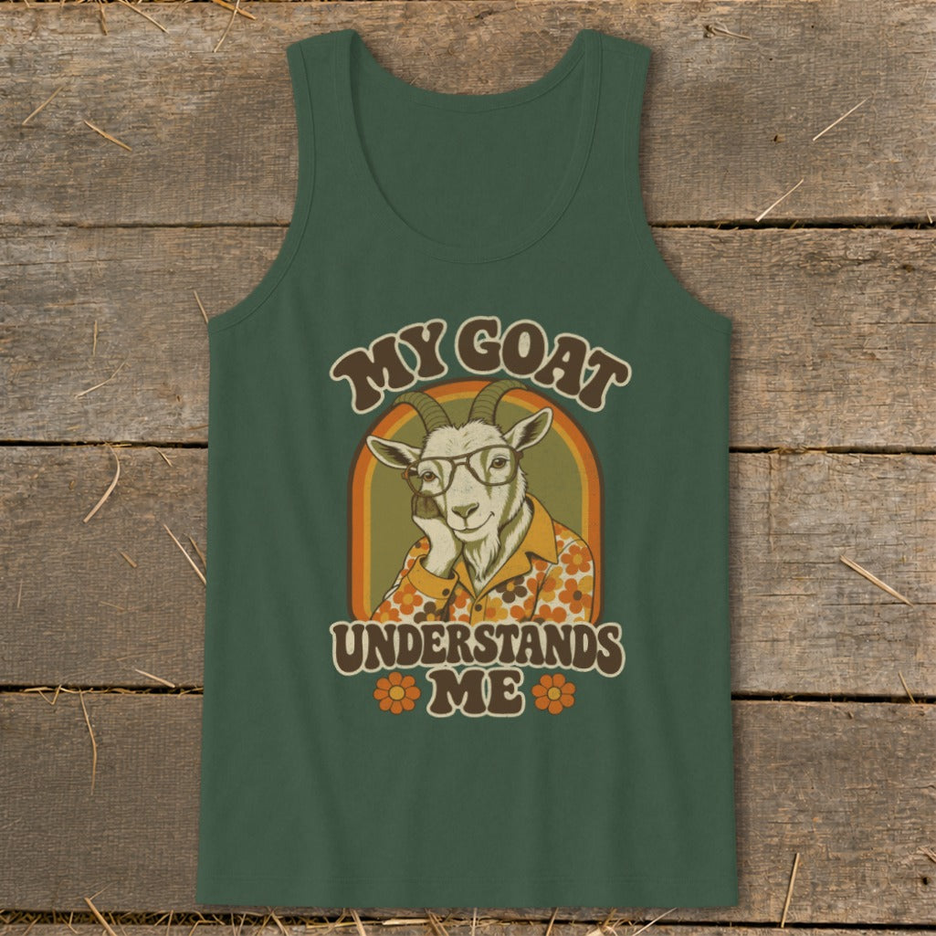 Green tank top with retro graphic of a goat wearing glasses and a floral shirt.