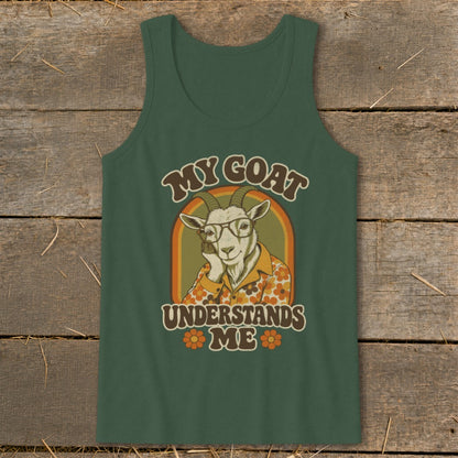 Green tank top with retro graphic of a goat wearing glasses and a floral shirt.