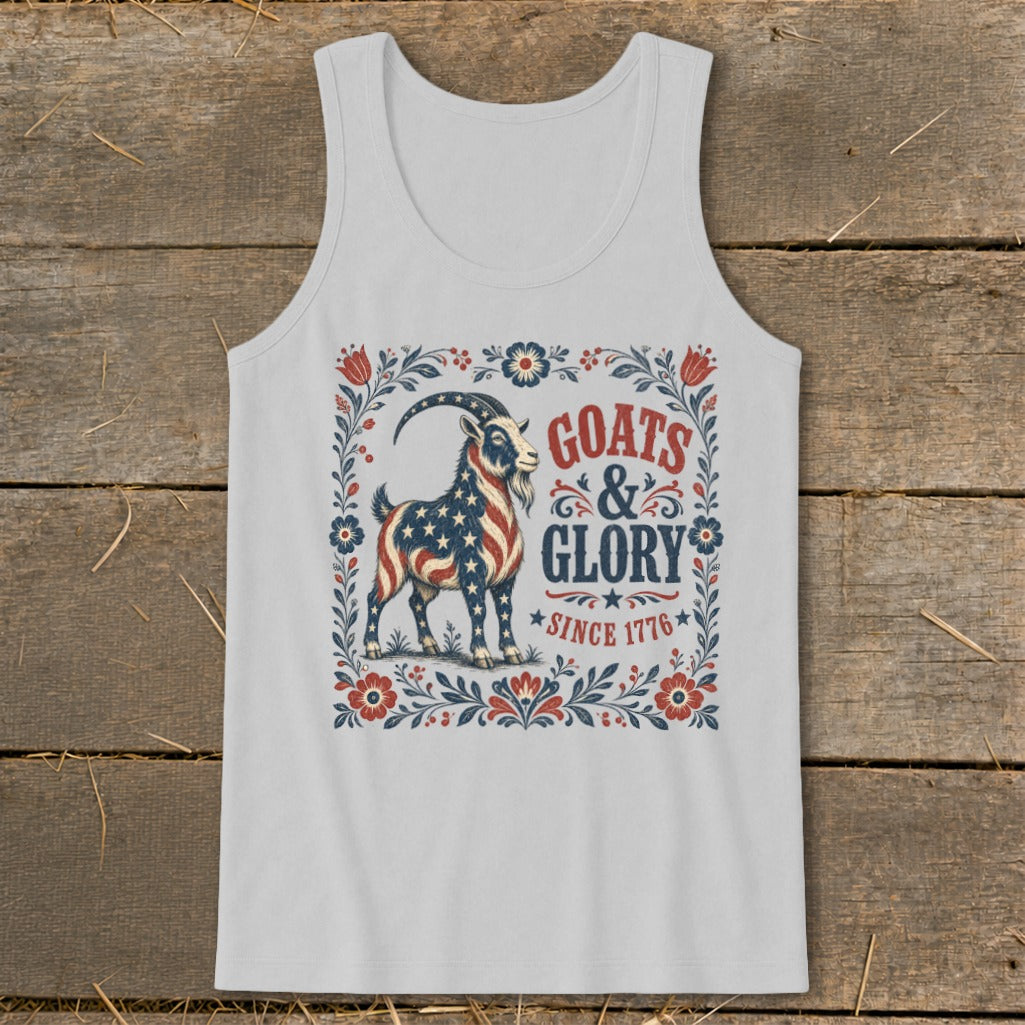 White tank top with a goat wearing the American flag and text "Goats & Glory Since 1776".