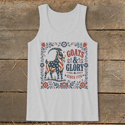 White tank top with a goat wearing the American flag and text "Goats & Glory Since 1776".