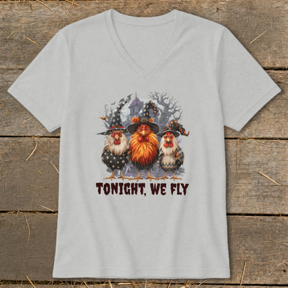 Three chickens wearing witch hats with text "TONIGHT, WE FLY".