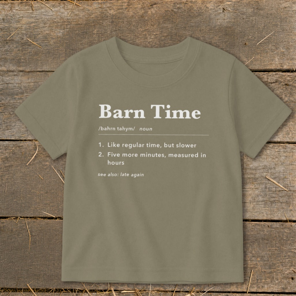 Children's t-shirt with "Barn Time" definition: slower time, five more minutes.