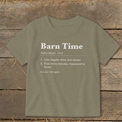 Children's t-shirt with "Barn Time" definition: slower time, five more minutes.