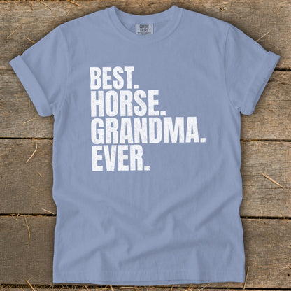Light blue t-shirt with white text reading "BEST. HORSE. GRANDMA. EVER."