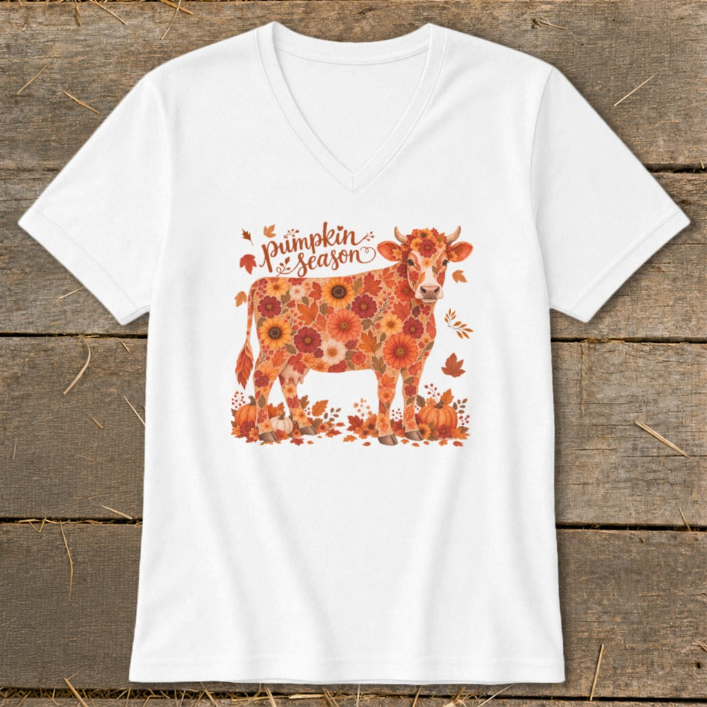 White v-neck t-shirt with a cow made of autumn flowers and leaves, saying "Pumpkin Season".