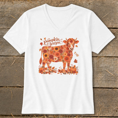 White v-neck t-shirt with a cow made of autumn flowers and leaves, saying "Pumpkin Season".