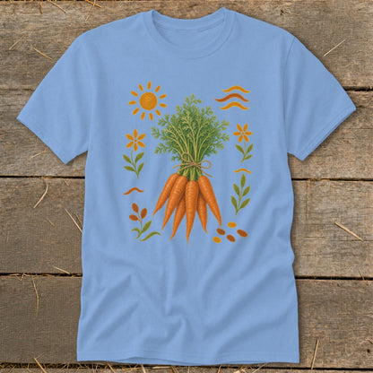 Light blue t-shirt with a graphic of a bunch of carrots surrounded by sun, flowers, and leaves.