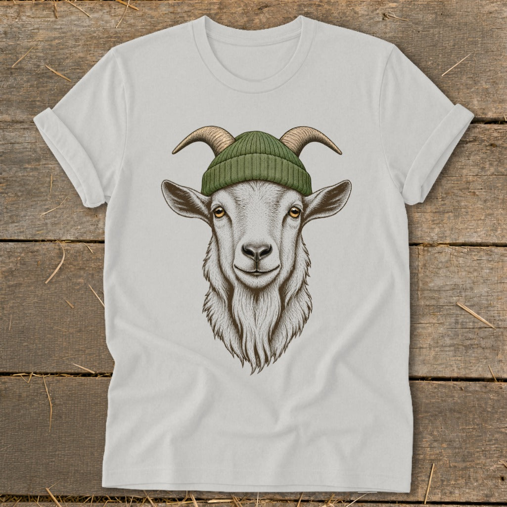 White t-shirt with a detailed illustration of a goat wearing a green beanie.