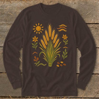 Long sleeve brown t-shirt with a central wheat stalk illustration surrounded by sun, flowers, and seeds.