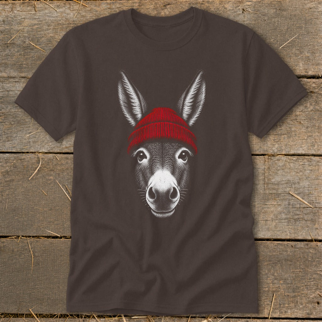 Brown short-sleeve t-shirt featuring a white line drawing of a donkey wearing a red beanie.