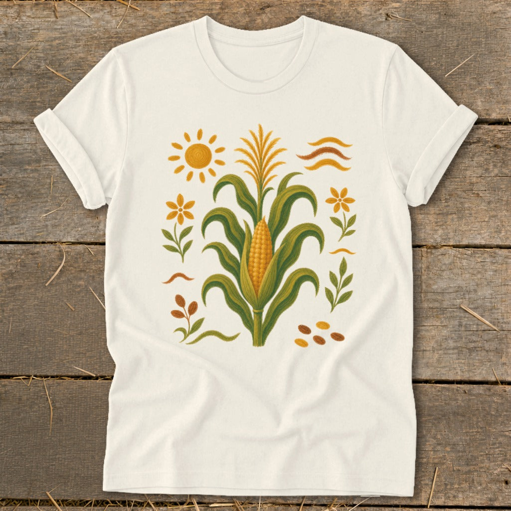Cream t-shirt with a corn stalk, sun, flowers, and kernels graphic.