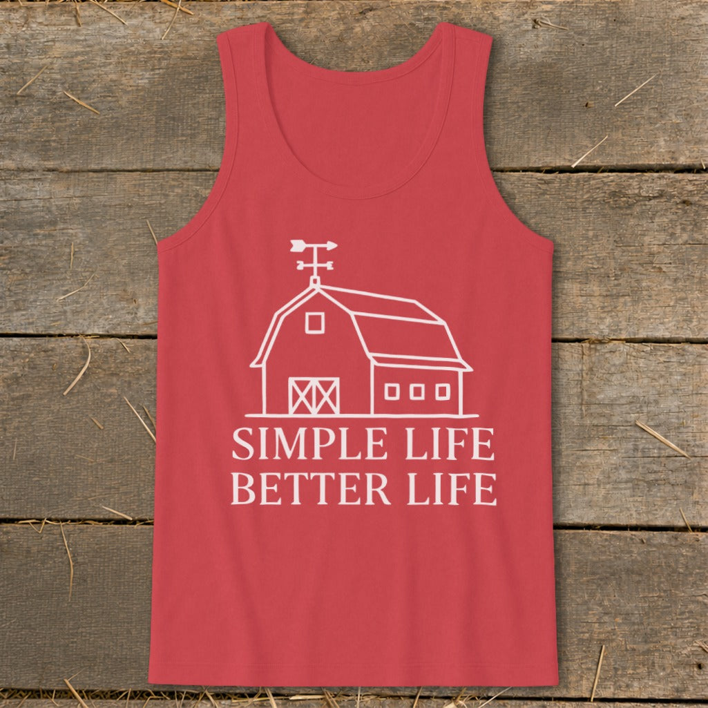 Red tank top with white barn graphic and text "SIMPLE LIFE BETTER LIFE".