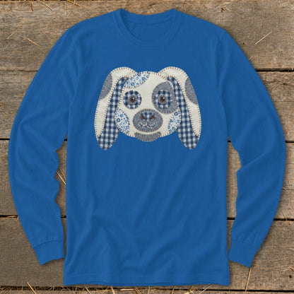Blue long-sleeve shirt with a patchwork dog face applique.