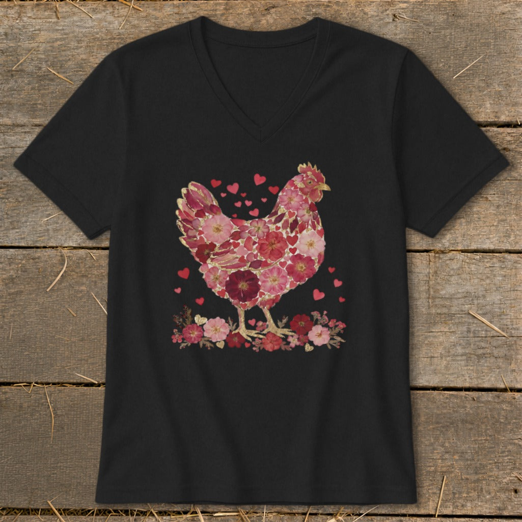 Black v-neck t-shirt with a chicken graphic made of flowers and hearts.