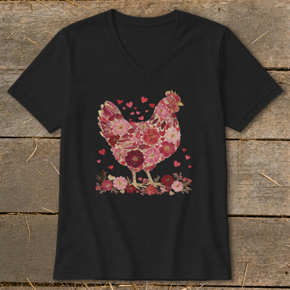 Black v-neck t-shirt with a chicken graphic made of flowers and hearts.