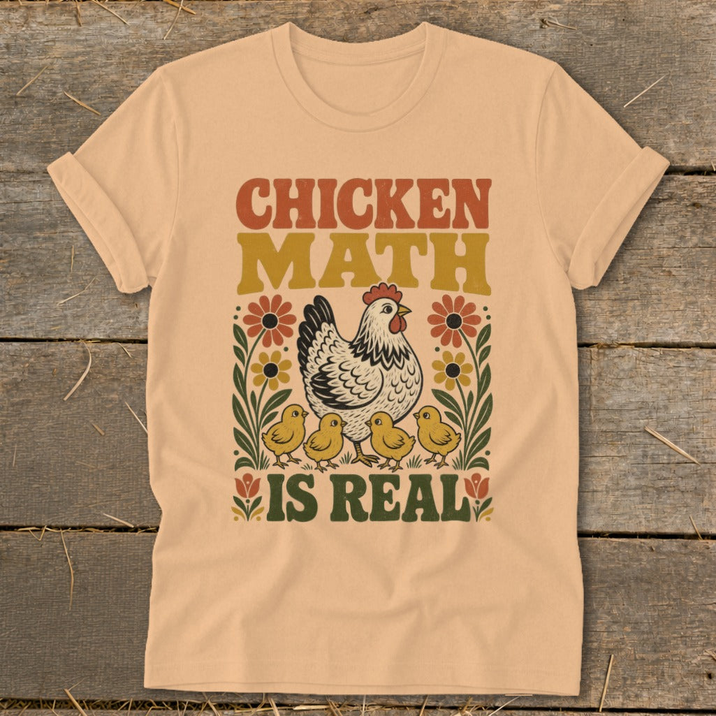 Peach t-shirt with "Chicken Math Is Real" text and a hen with chicks.