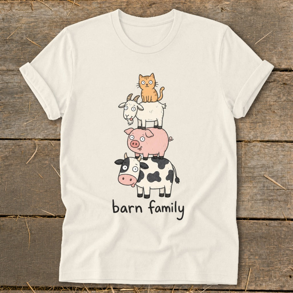 Cream t-shirt with cartoon cow, pig, goat, and cat stacked, text "barn family".