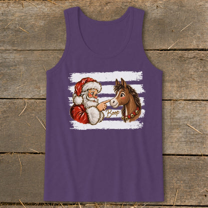 Santa booping a horse with the word "Boop" written on the shirt.