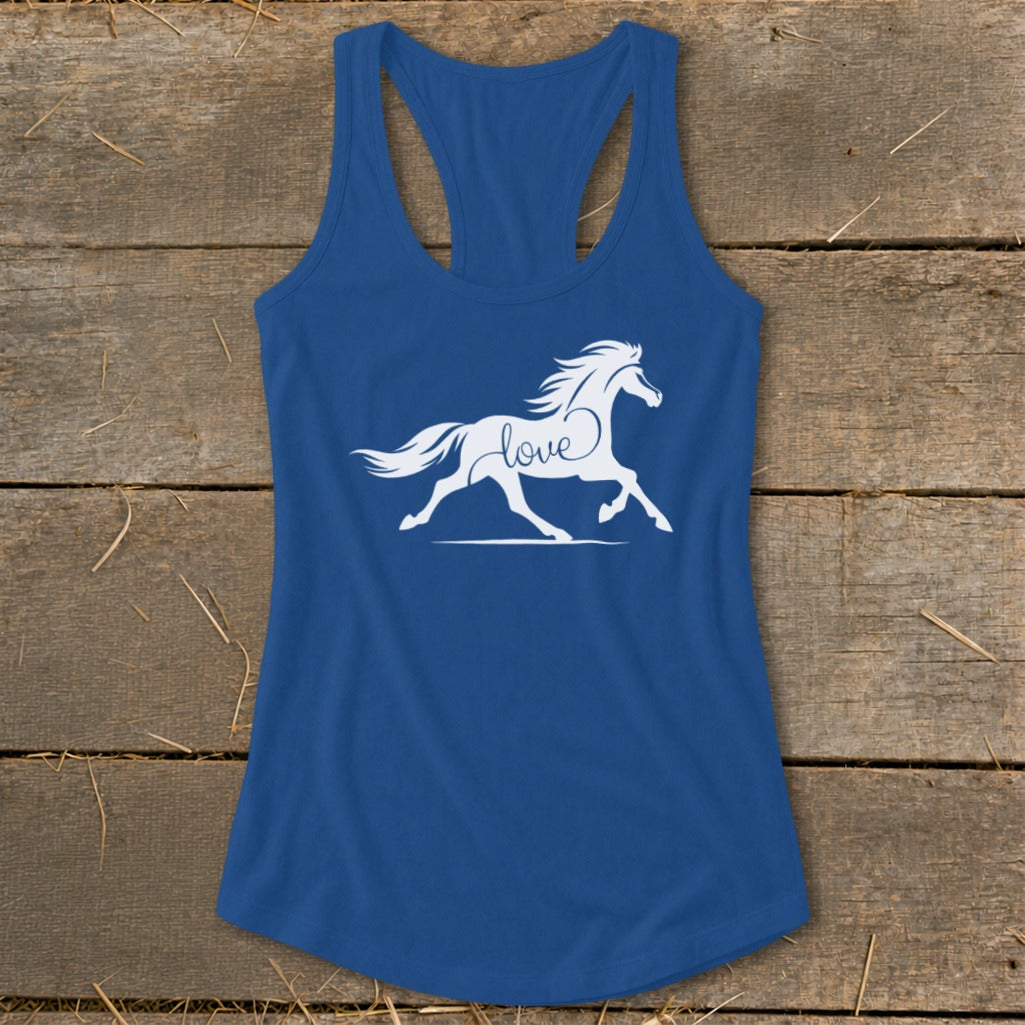 Blue racerback tank top with white horse graphic and the word "love".