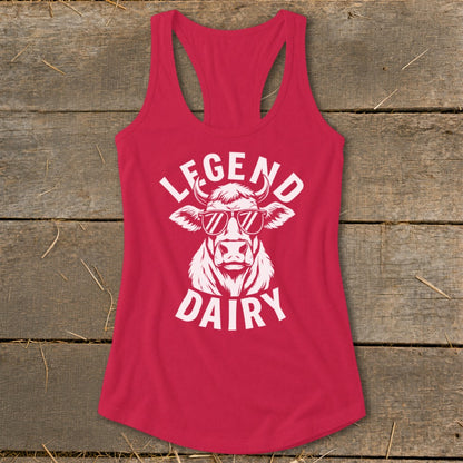 Red tank top with white graphic of a cow wearing sunglasses and text "LEGEND DAIRY".