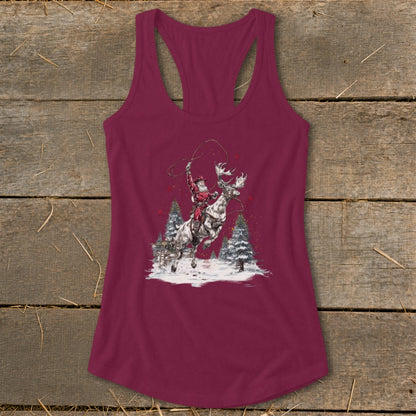Santa lassoing a moose in a snowy forest on a maroon tank top.