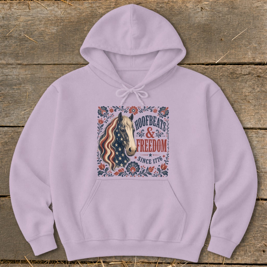 Purple hoodie with a horse head with American flag mane and "Hoofbeats & Freedom Since 1776".