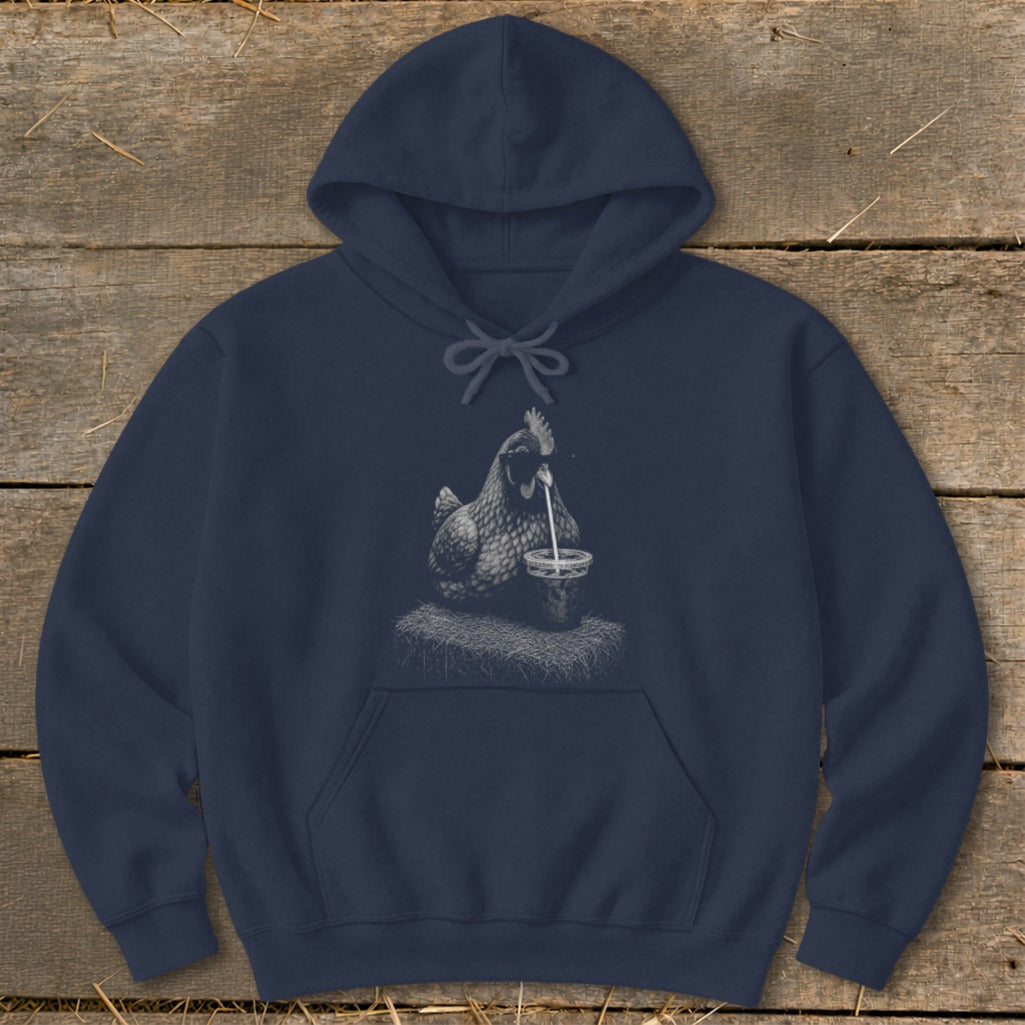 Navy hoodie with illustration of a chicken drinking from a cup.