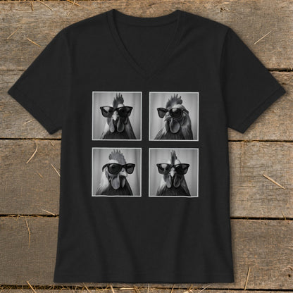 Black t-shirt with a four-panel design of roosters wearing sunglasses.