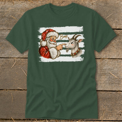 Santa booping a goat with the word "Boop" on a dark green t-shirt.