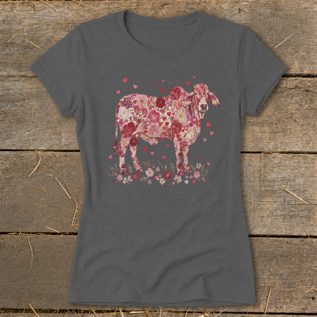 Gray t-shirt with a floral cow and heart graphic.