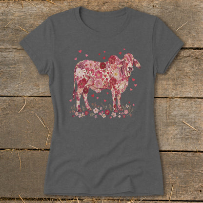 Gray t-shirt with a floral cow and heart graphic.