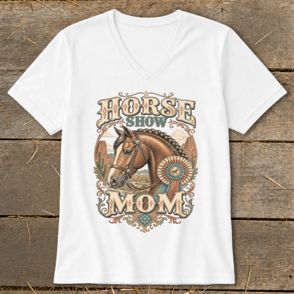 White v-neck t-shirt with a horse, desert landscape, and "Horse Show Mom" text design.