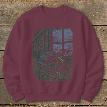 Sweatshirt with a sleeping cat on straw by a window showing a snowy landscape.