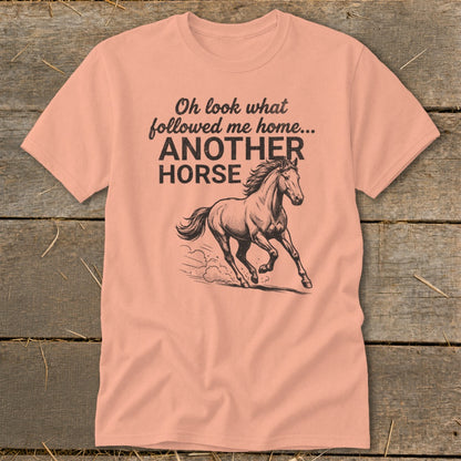 Peach t-shirt with text "Oh look what followed me home... ANOTHER HORSE" and a horse graphic.