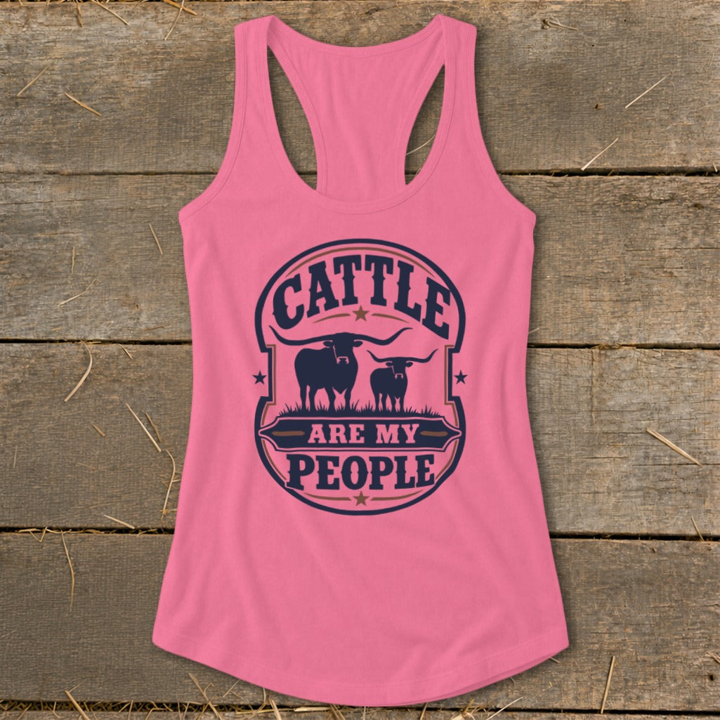 Pink tank top with "Cattle Are My People" graphic featuring longhorn cattle.
