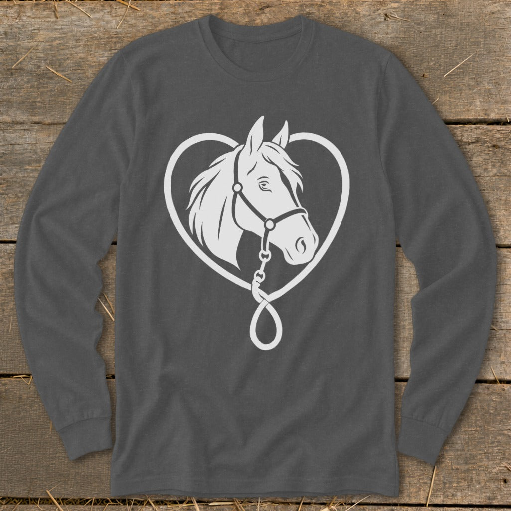 Dark gray long-sleeve t-shirt with a white graphic of a horse's head framed by a heart-shaped rope.