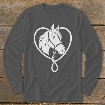 Dark gray long-sleeve t-shirt with a white graphic of a horse's head framed by a heart-shaped rope.