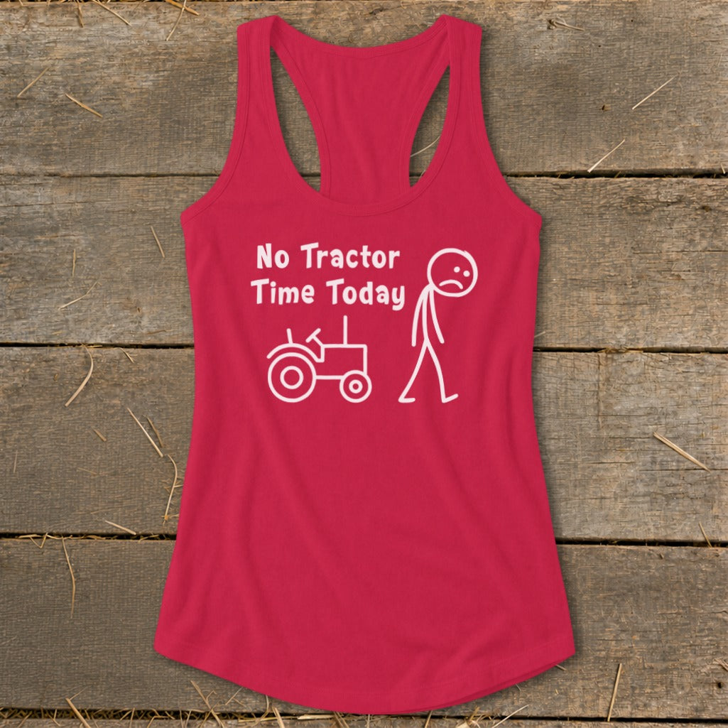 Red tank top with white text and stick figure of a sad person and a tractor.