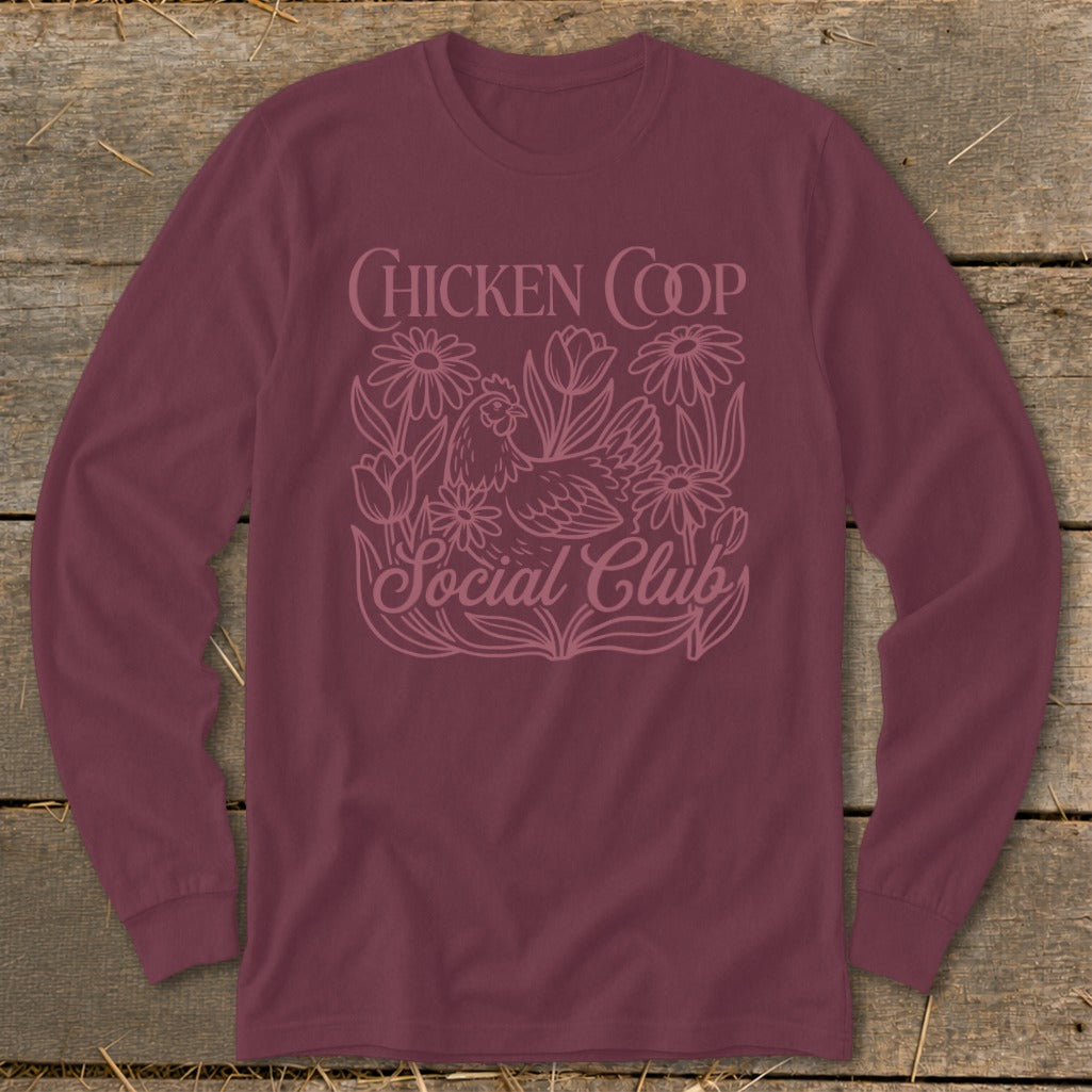 Maroon long-sleeve shirt with "Chicken Coop Social Club" text and chicken graphic.