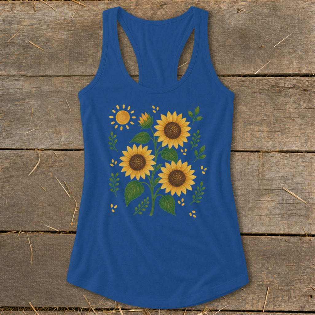 Blue tank top with a watercolor sunflower and sun design.