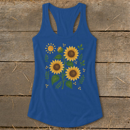 Blue tank top with a watercolor sunflower and sun design.