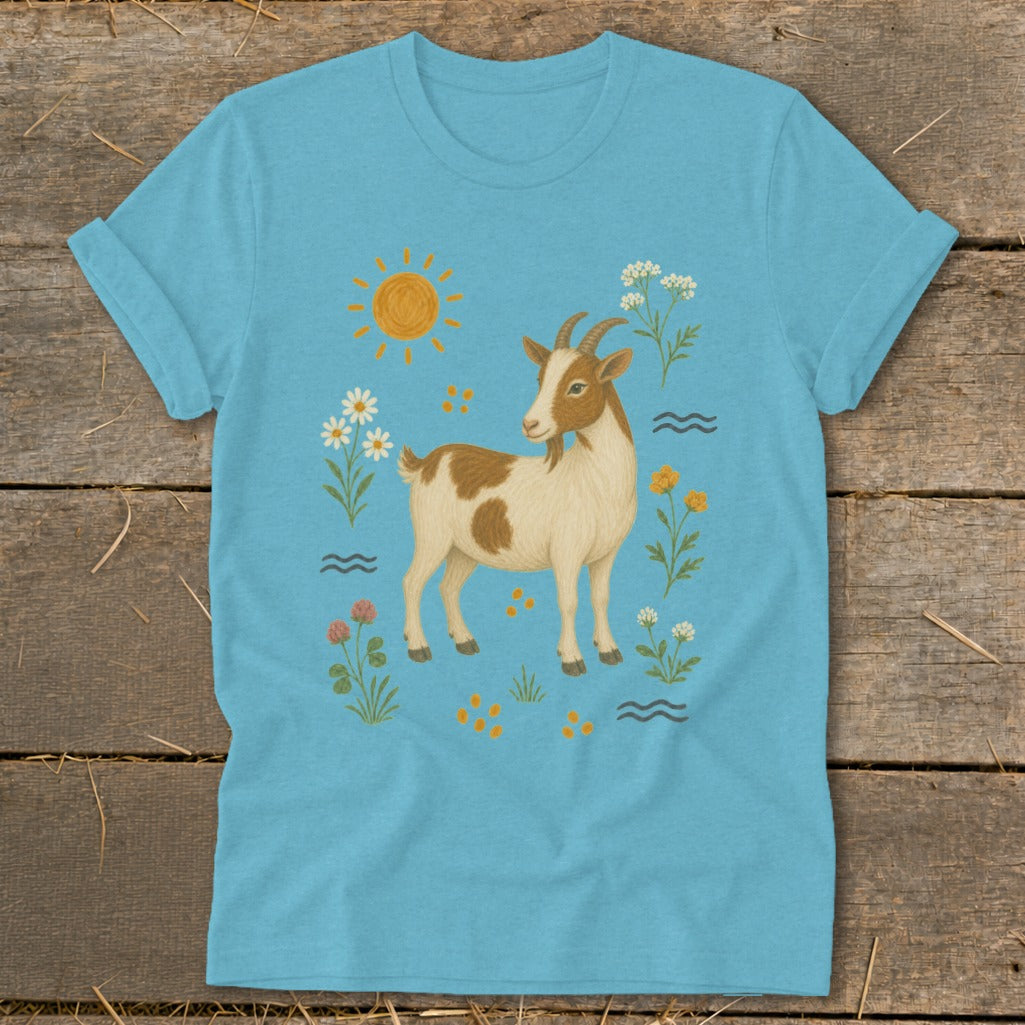Blue t-shirt with a brown and white goat, sun, and wildflowers graphic.