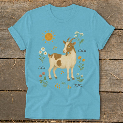 Blue t-shirt with a brown and white goat, sun, and wildflowers graphic.