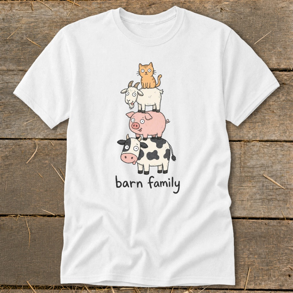 White t-shirt with stacked cartoon cow, pig, goat, and cat, text reads "barn family"