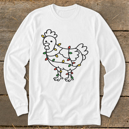 White long-sleeve shirt with a black line drawing of a chicken wrapped in colorful Christmas lights.